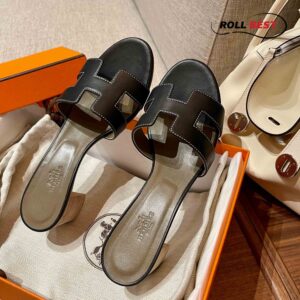 Dép Cao Gót Nữ Hermes Oasis Sandal Đen Nâu Da Trơn