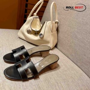 Dép Cao Gót Nữ Hermes Oasis Sandal Đen Nâu Da Trơn