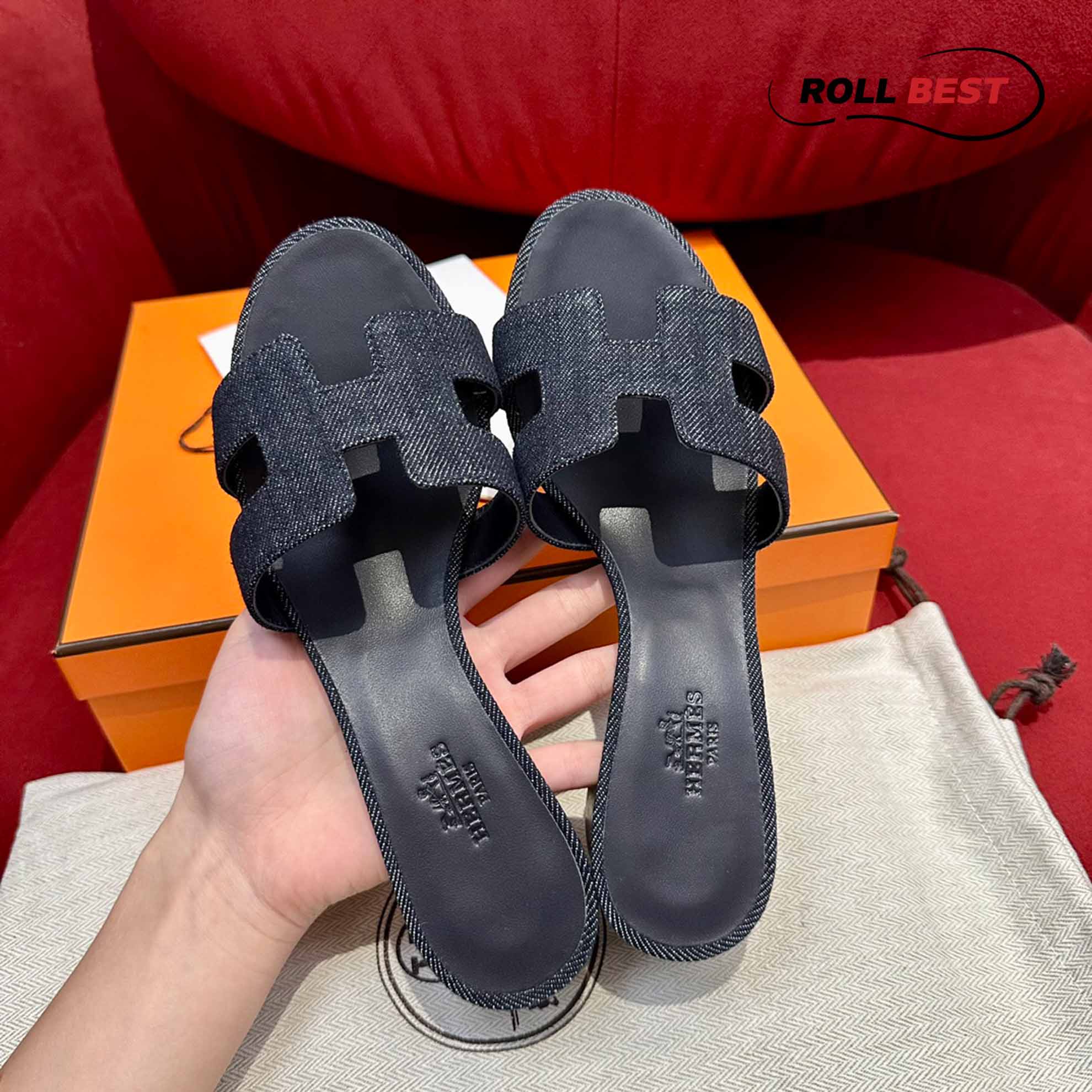 Dép Cao Gót Nữ Hermes Oasis Sandal Đen Tiêu Denim