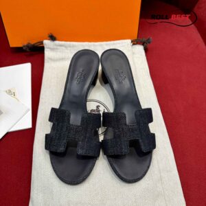 Dép Cao Gót Nữ Hermes Oasis Sandal Đen Tiêu Denim