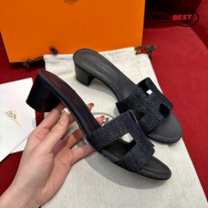 Dép Cao Gót Nữ Hermes Oasis Sandal Đen Tiêu Denim