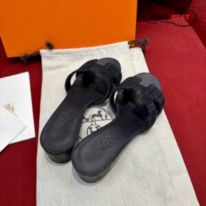 Dép Cao Gót Nữ Hermes Oasis Sandal Đen Tiêu Denim