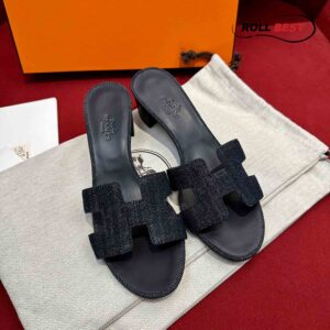 Dép Cao Gót Nữ Hermes Oasis Sandal Đen Tiêu Denim