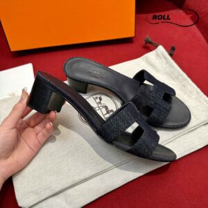 Dép Cao Gót Nữ Hermes Oasis Sandal Đen Tiêu Denim