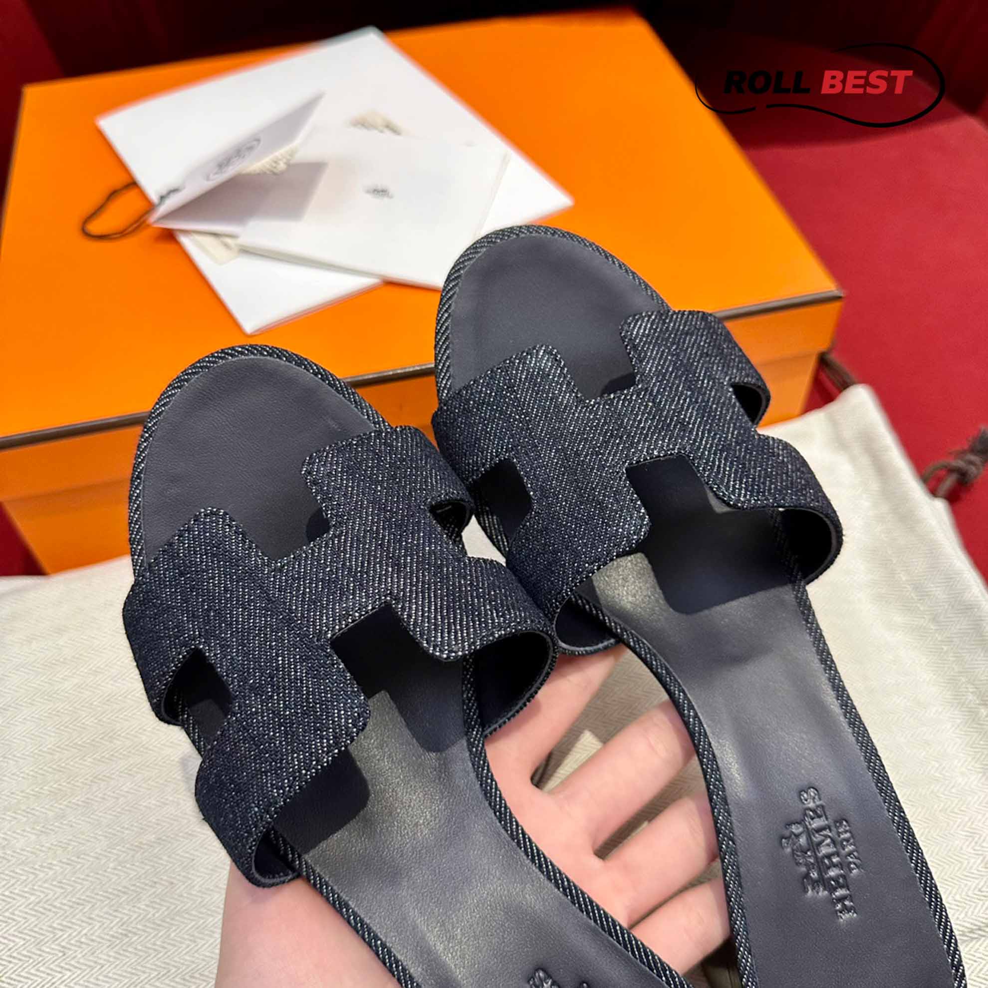 Dép Cao Gót Nữ Hermes Oasis Sandal Đen Tiêu Denim