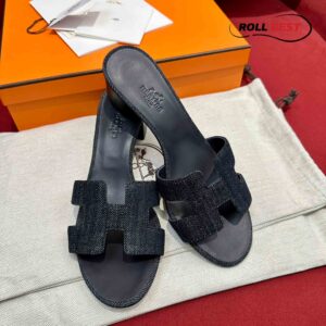 Dép Cao Gót Nữ Hermes Oasis Sandal Đen Tiêu Denim