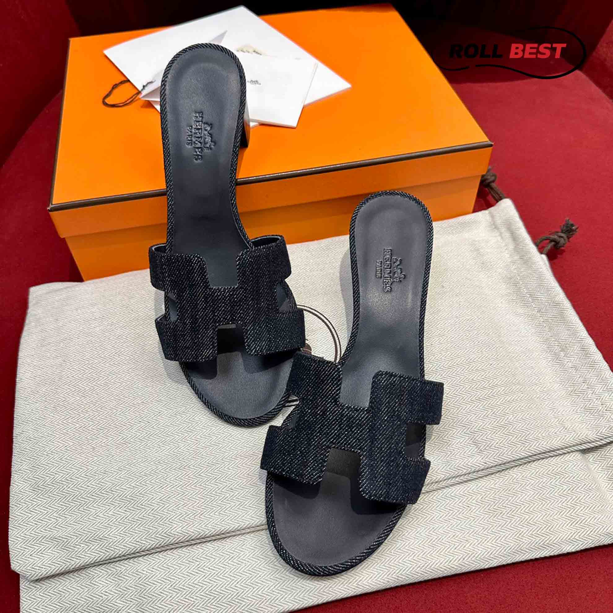 Dép Cao Gót Nữ Hermes Oasis Sandal Đen Tiêu Denim