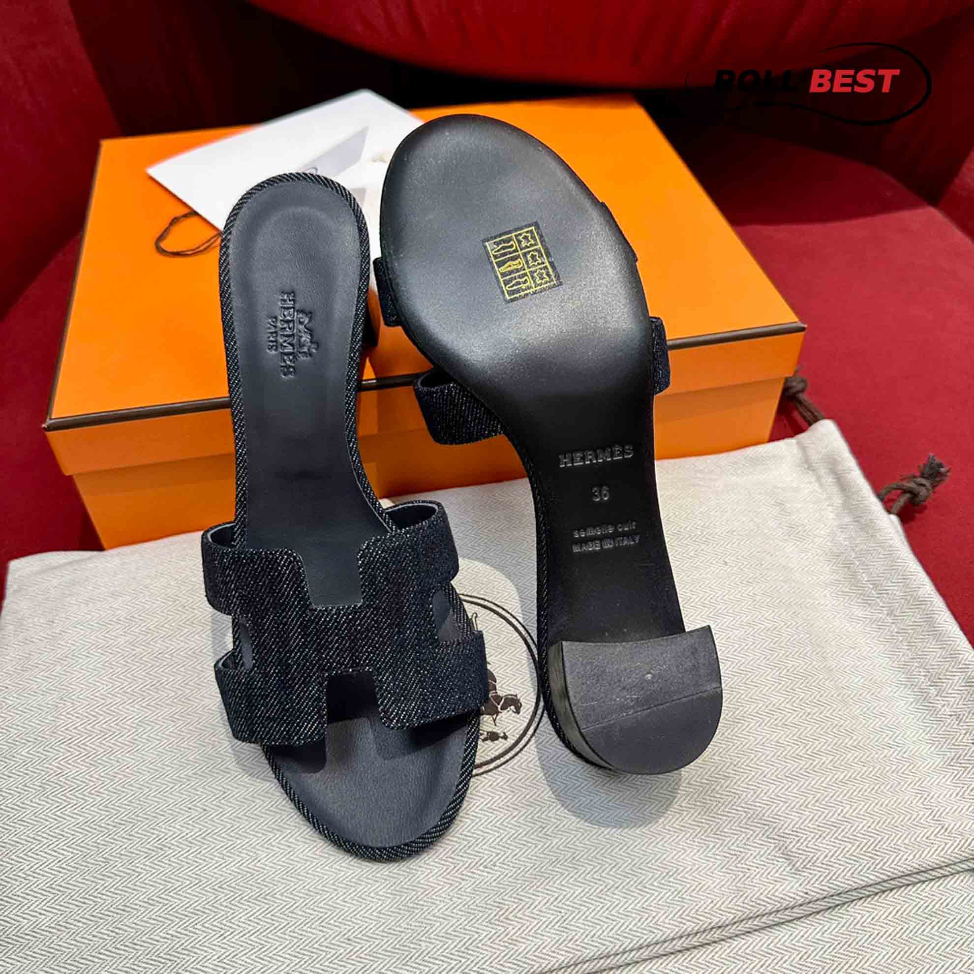 Dép Cao Gót Nữ Hermes Oasis Sandal Đen Tiêu Denim