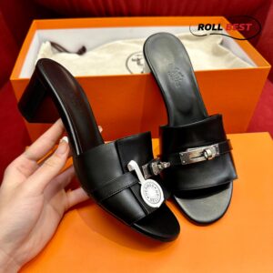 Dép Cao Gót Nữ Hermes Oasis Sandal Đen Trơn