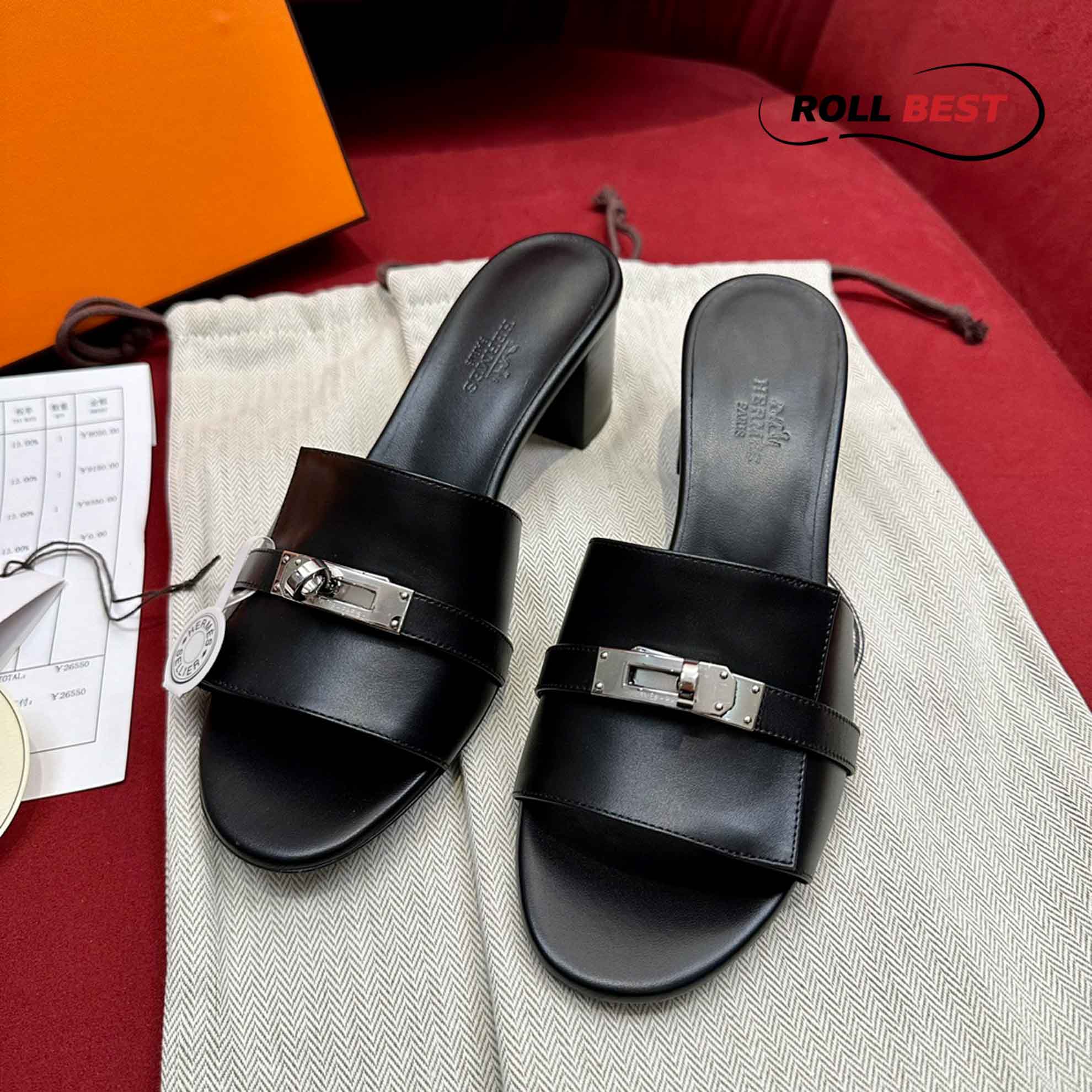 Dép Cao Gót Nữ Hermes Oasis Sandal Đen Trơn