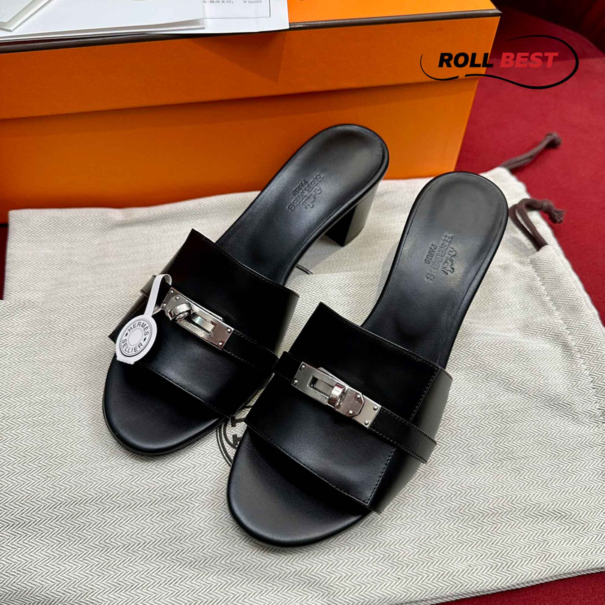 Dép Cao Gót Nữ Hermes Oasis Sandal Đen Trơn