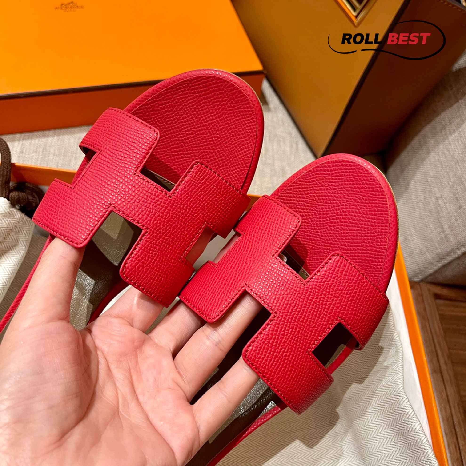 Dép Cao Gót Nữ Hermes Oasis Sandal Đỏ Da Nhăn