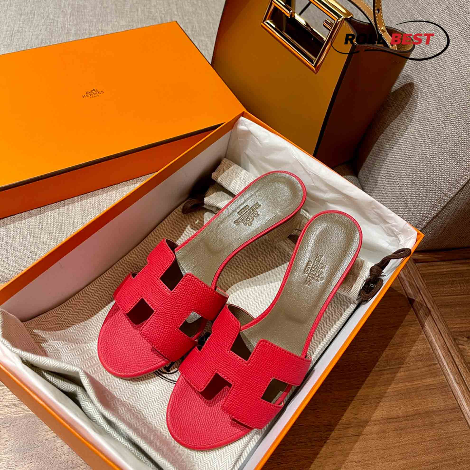 Dép Cao Gót Nữ Hermes Oasis Sandal Đỏ Da Nhăn