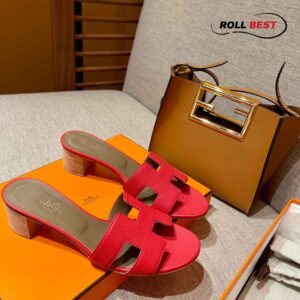 Dép Cao Gót Nữ Hermes Oasis Sandal Đỏ Da Nhăn