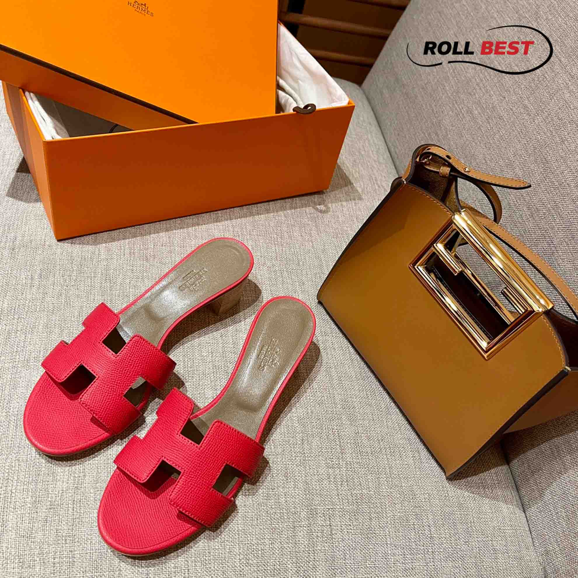 Dép Cao Gót Nữ Hermes Oasis Sandal Đỏ Da Nhăn