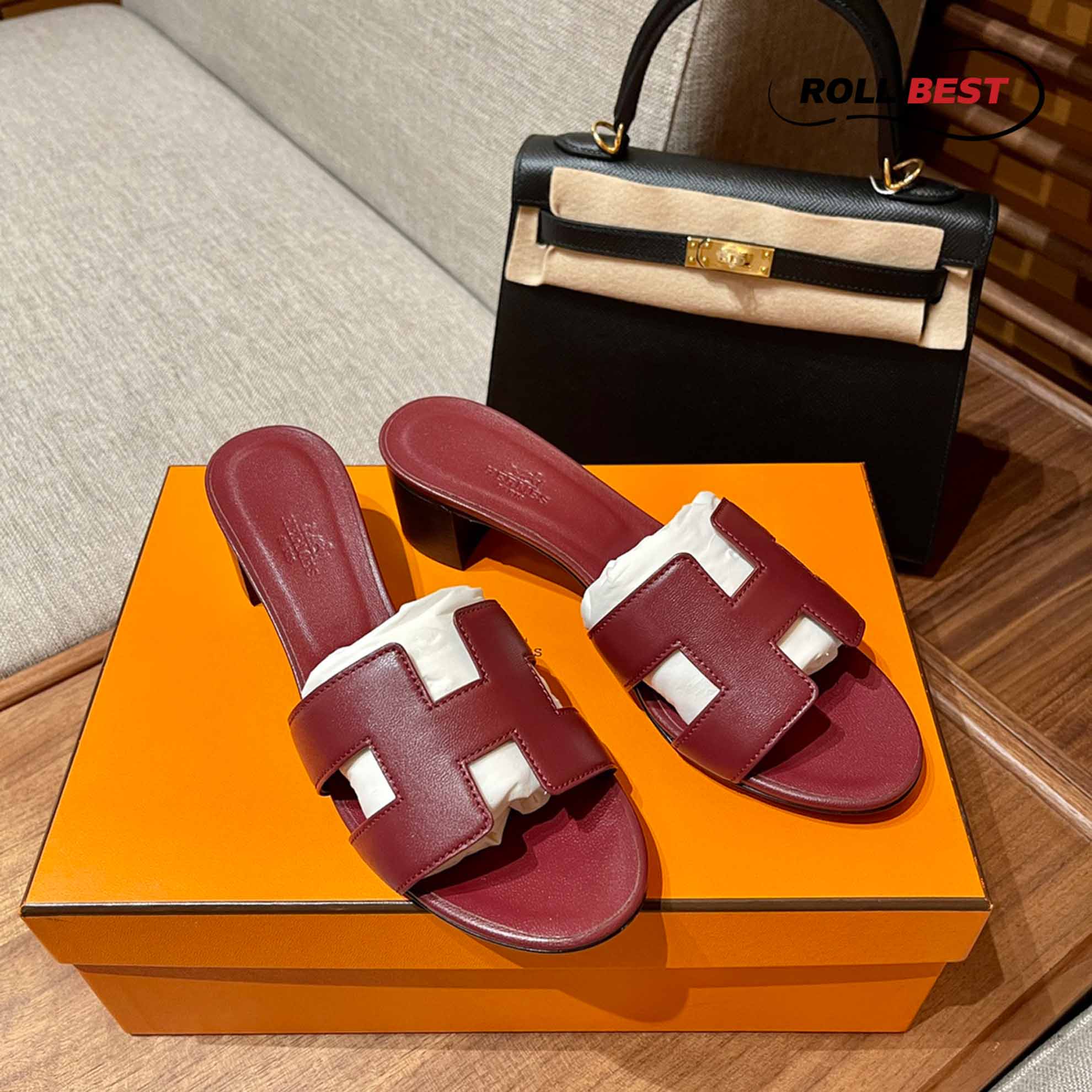 Dép Cao Gót Nữ Hermes Oasis Sandal Đỏ Đô Trơn