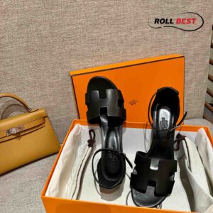 Dép Cao Gót Nữ Hermes Oasis Sandal Full Đen có Quai