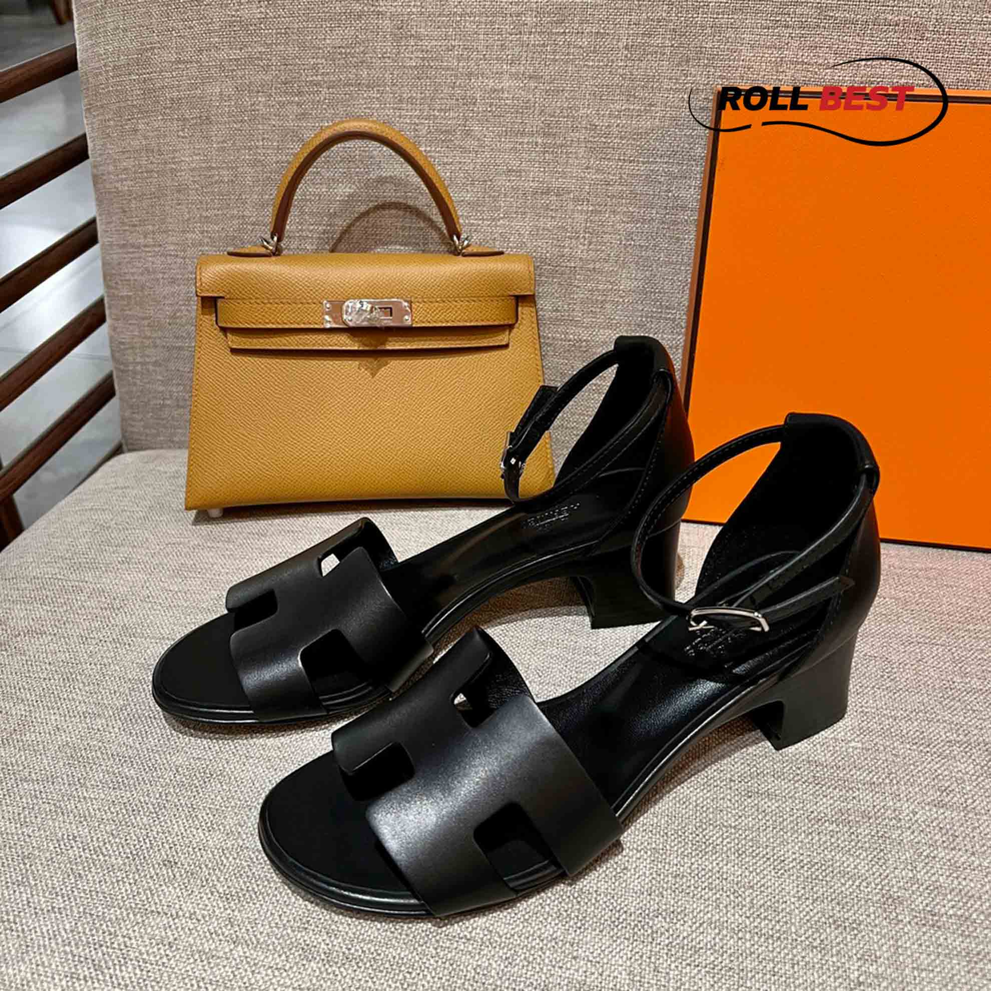 Dép Cao Gót Nữ Hermes Oasis Sandal Full Đen có Quai