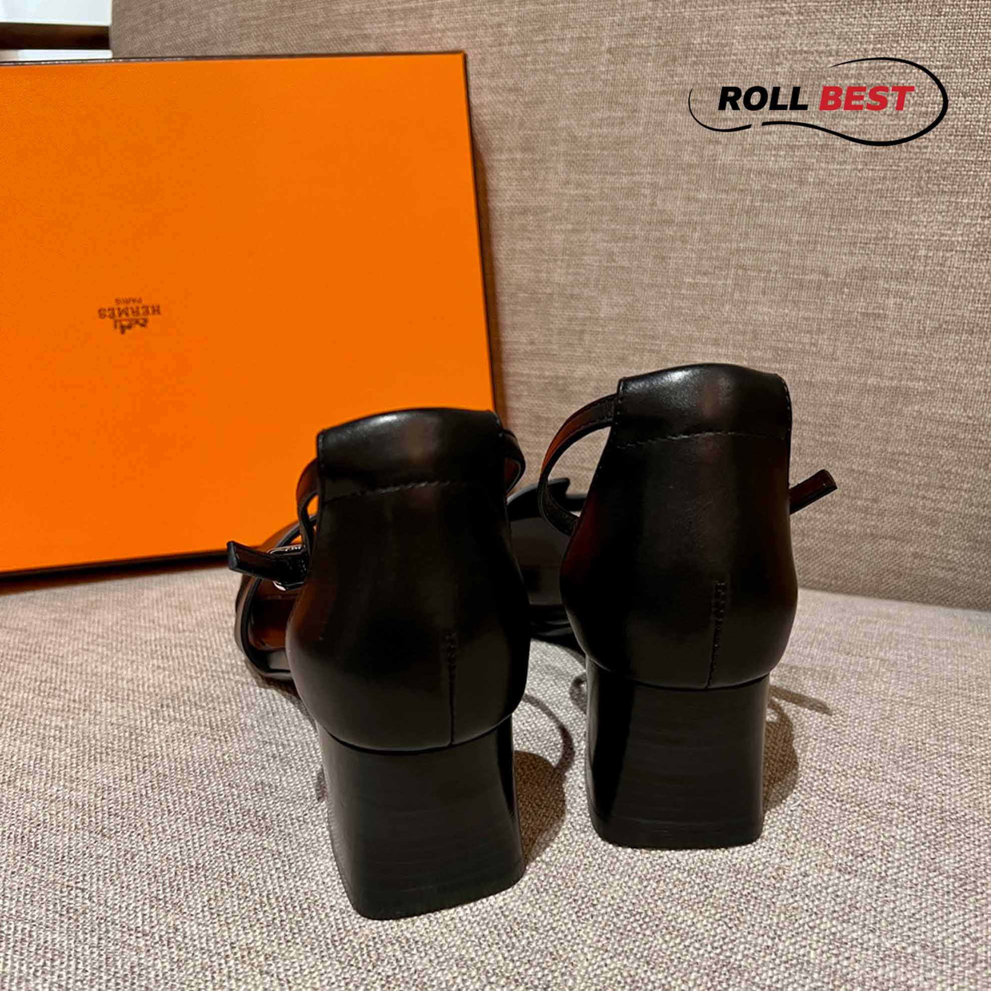 Dép Cao Gót Nữ Hermes Oasis Sandal Full Đen có Quai