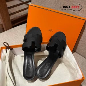 Dép Cao Gót Nữ Hermes Oasis Sandal Full Đen Nhăn