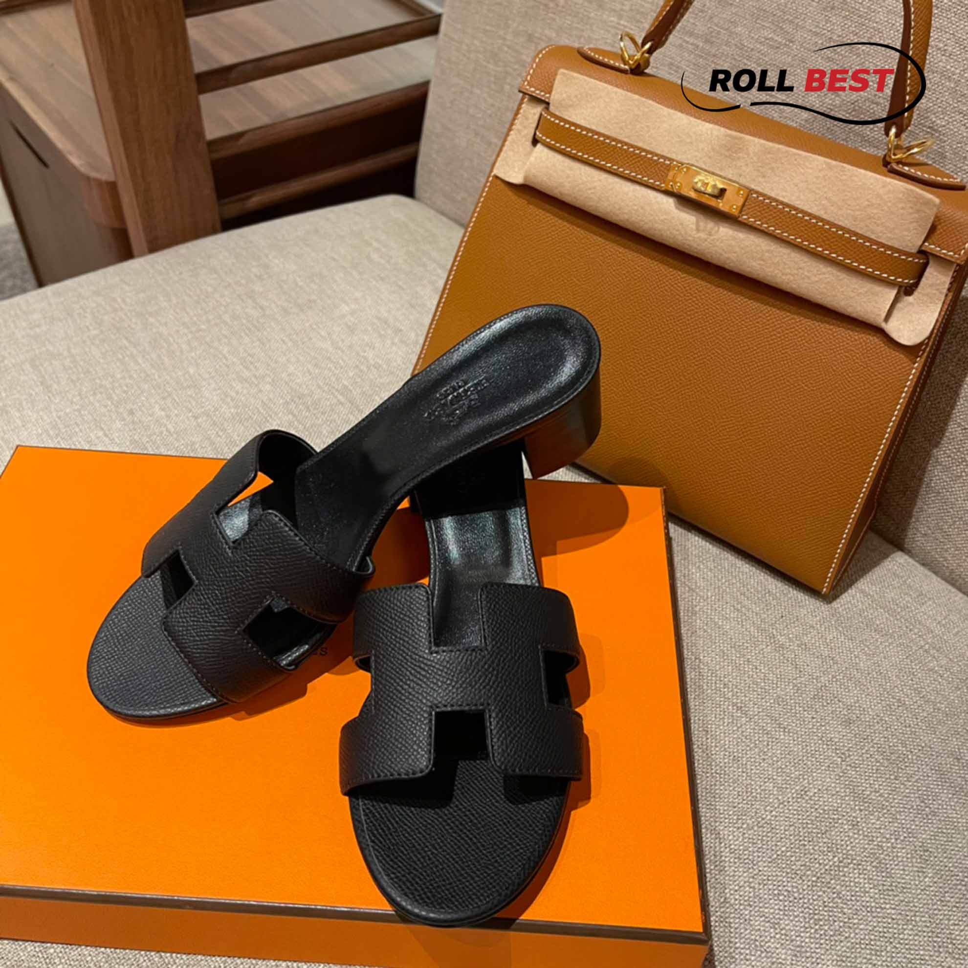 Dép Cao Gót Nữ Hermes Oasis Sandal Full Đen Nhăn