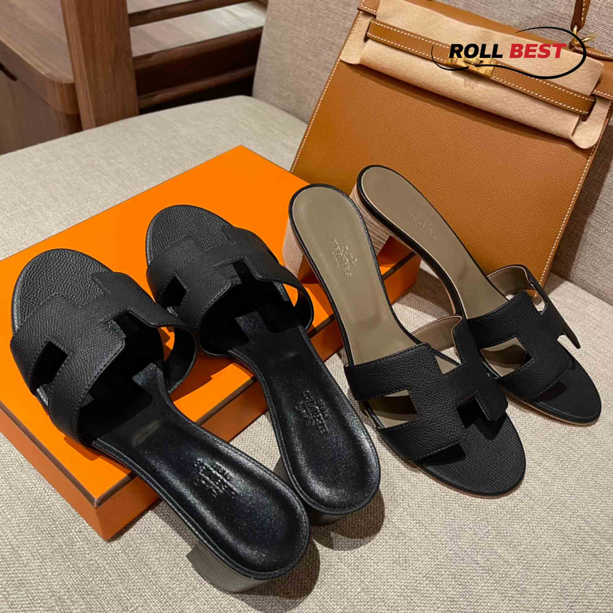 Dép Cao Gót Nữ Hermes Oasis Sandal Full Đen Nhăn