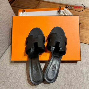 Dép Cao Gót Nữ Hermes Oasis Sandal Full Đen Nhăn