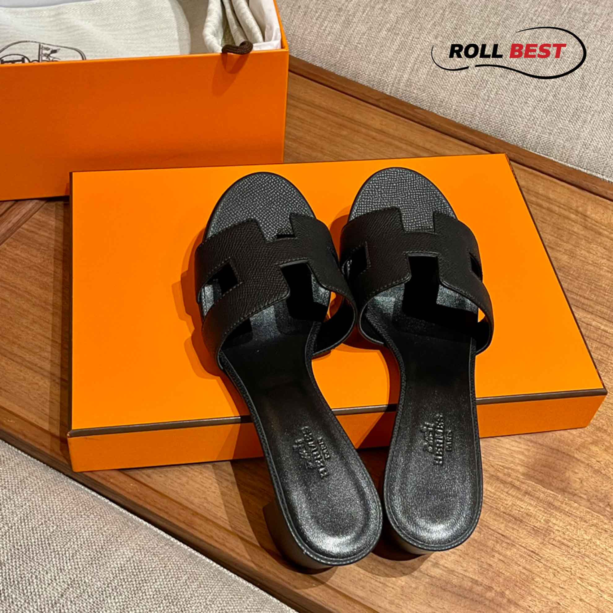 Dép Cao Gót Nữ Hermes Oasis Sandal Full Đen Nhăn