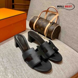 Dép Cao Gót Nữ Hermes Oasis Sandal Full Đen Nhăn