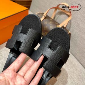 Dép Cao Gót Nữ Hermes Oasis Sandal Full Đen Nhăn