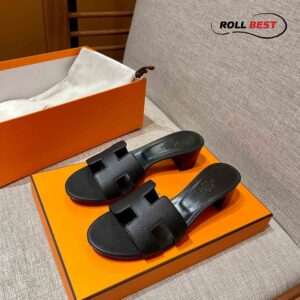 Dép Cao Gót Nữ Hermes Oasis Sandal Full Đen Nhăn