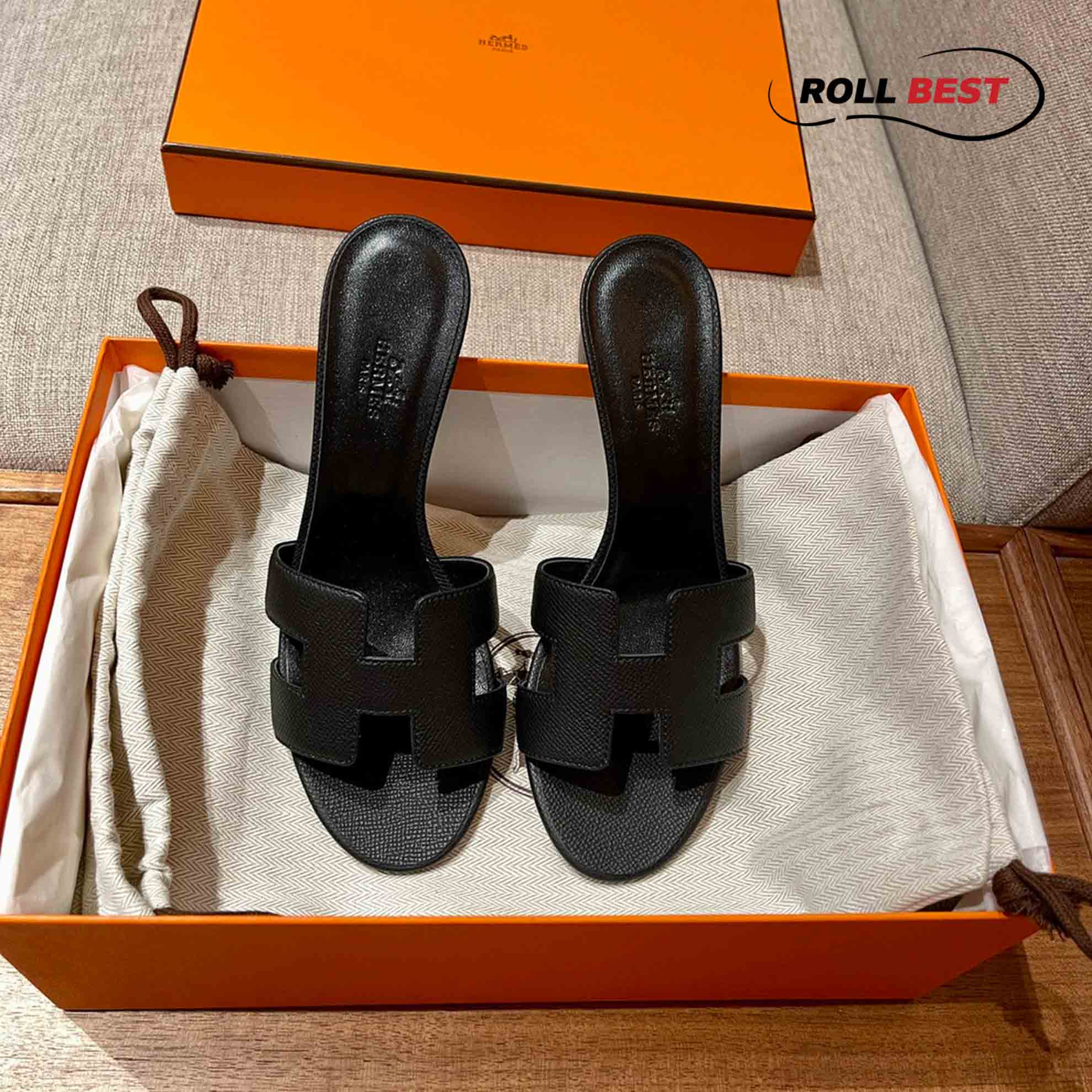 Dép Cao Gót Nữ Hermes Oasis Sandal Full Đen Nhăn