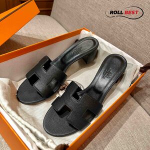 Dép Cao Gót Nữ Hermes Oasis Sandal Full Đen Nhăn