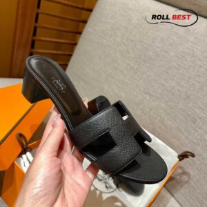 Dép Cao Gót Nữ Hermes Oasis Sandal Full Đen Nhăn