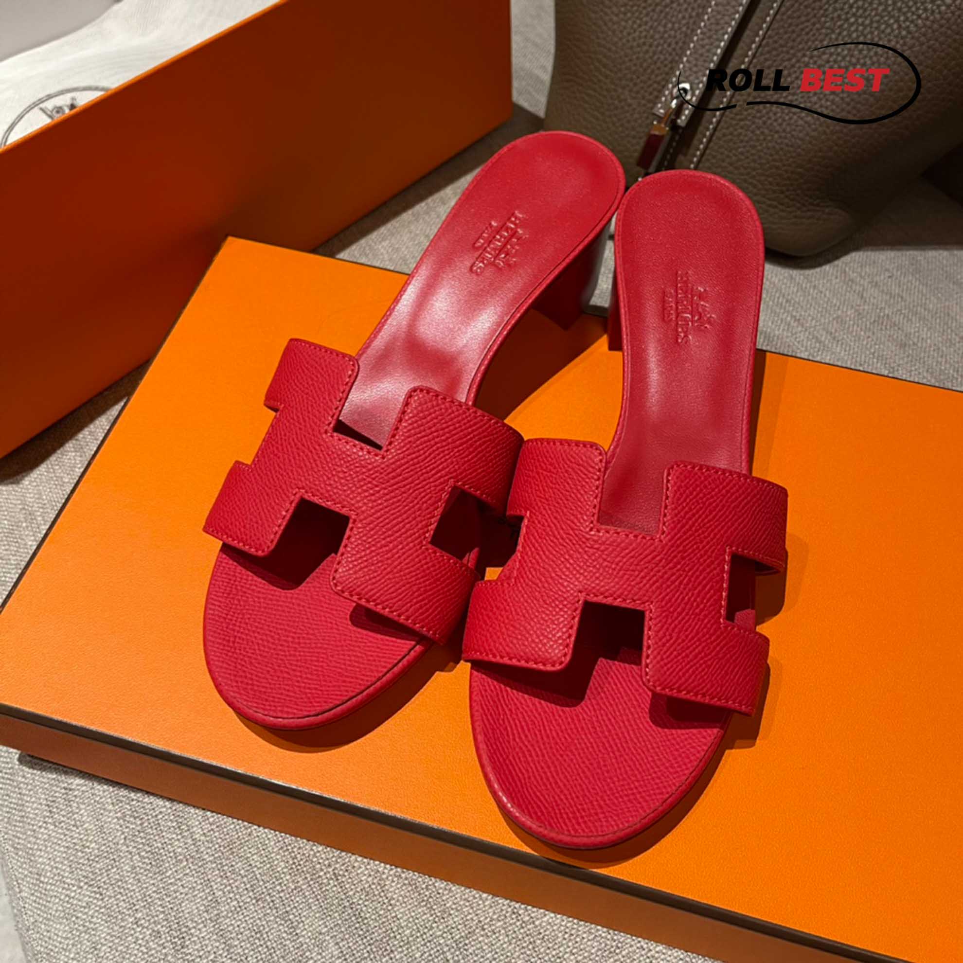 Dép Cao Gót Nữ Hermes Oasis Sandal Full Đỏ Nhăn