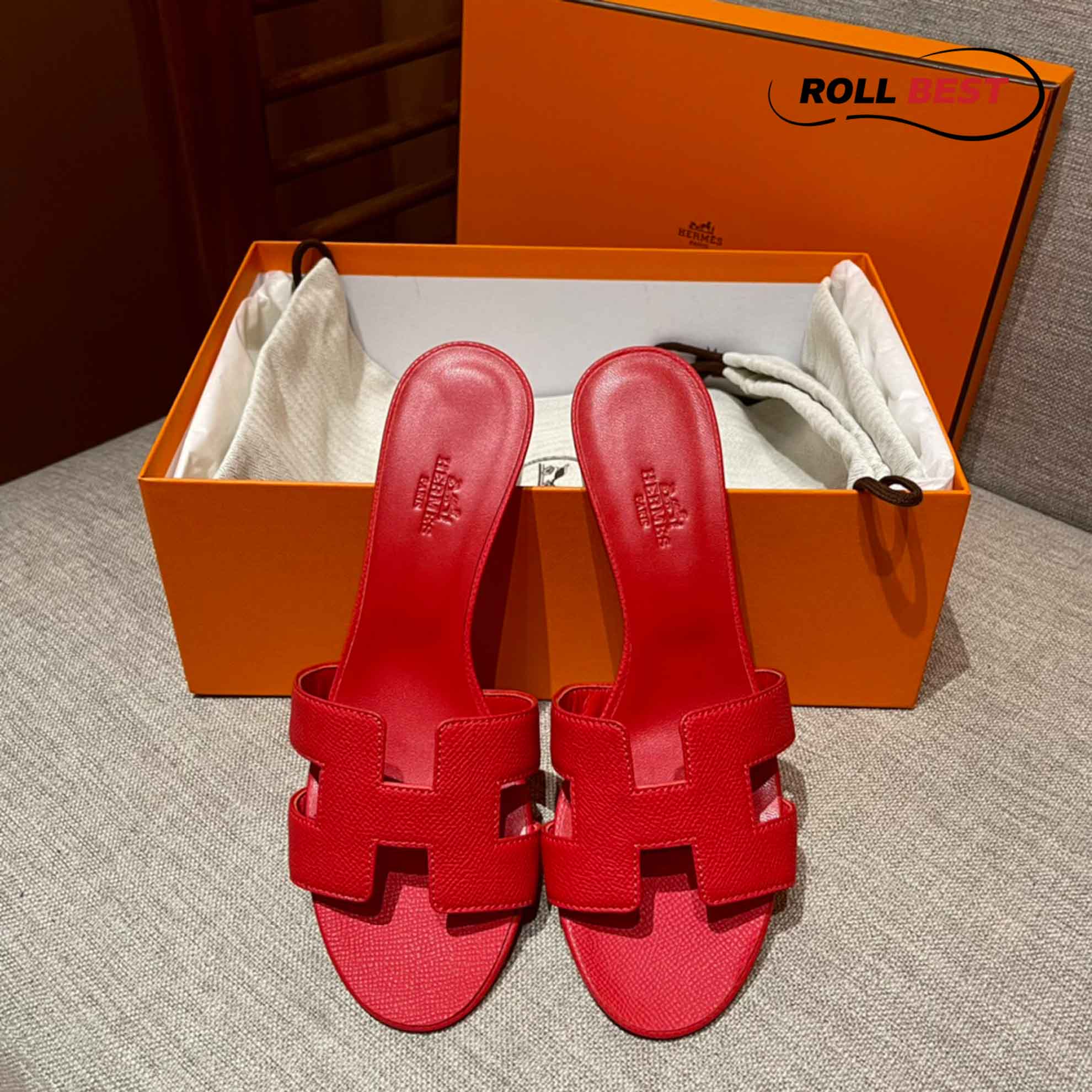 Dép Cao Gót Nữ Hermes Oasis Sandal Full Đỏ Nhăn