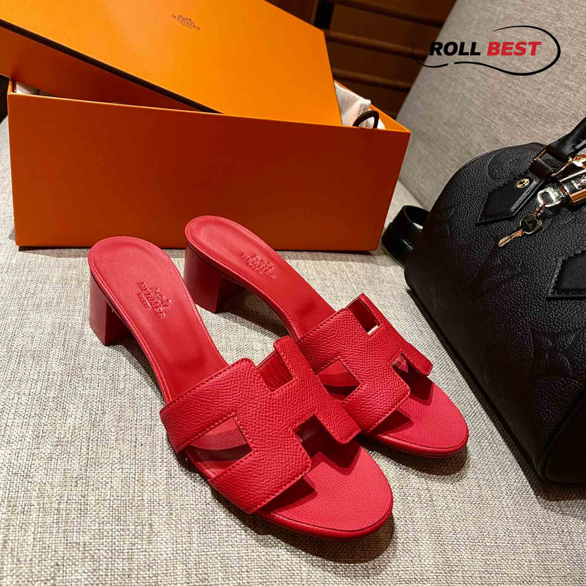 Dép Cao Gót Nữ Hermes Oasis Sandal Full Đỏ Nhăn