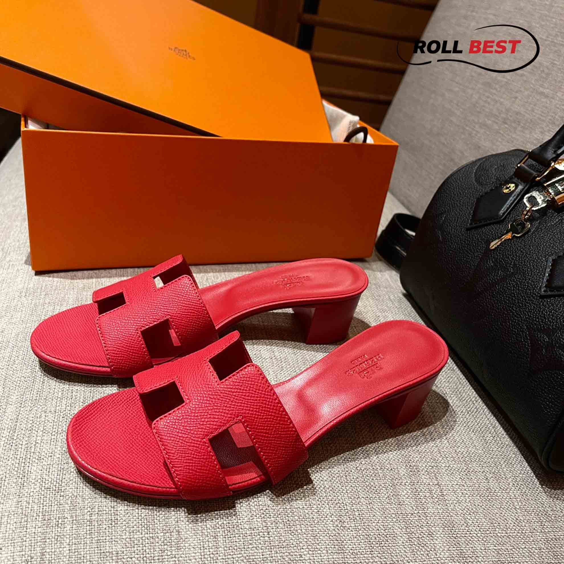 Dép Cao Gót Nữ Hermes Oasis Sandal Full Đỏ Nhăn