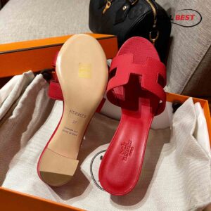 Dép Cao Gót Nữ Hermes Oasis Sandal Full Đỏ Nhăn