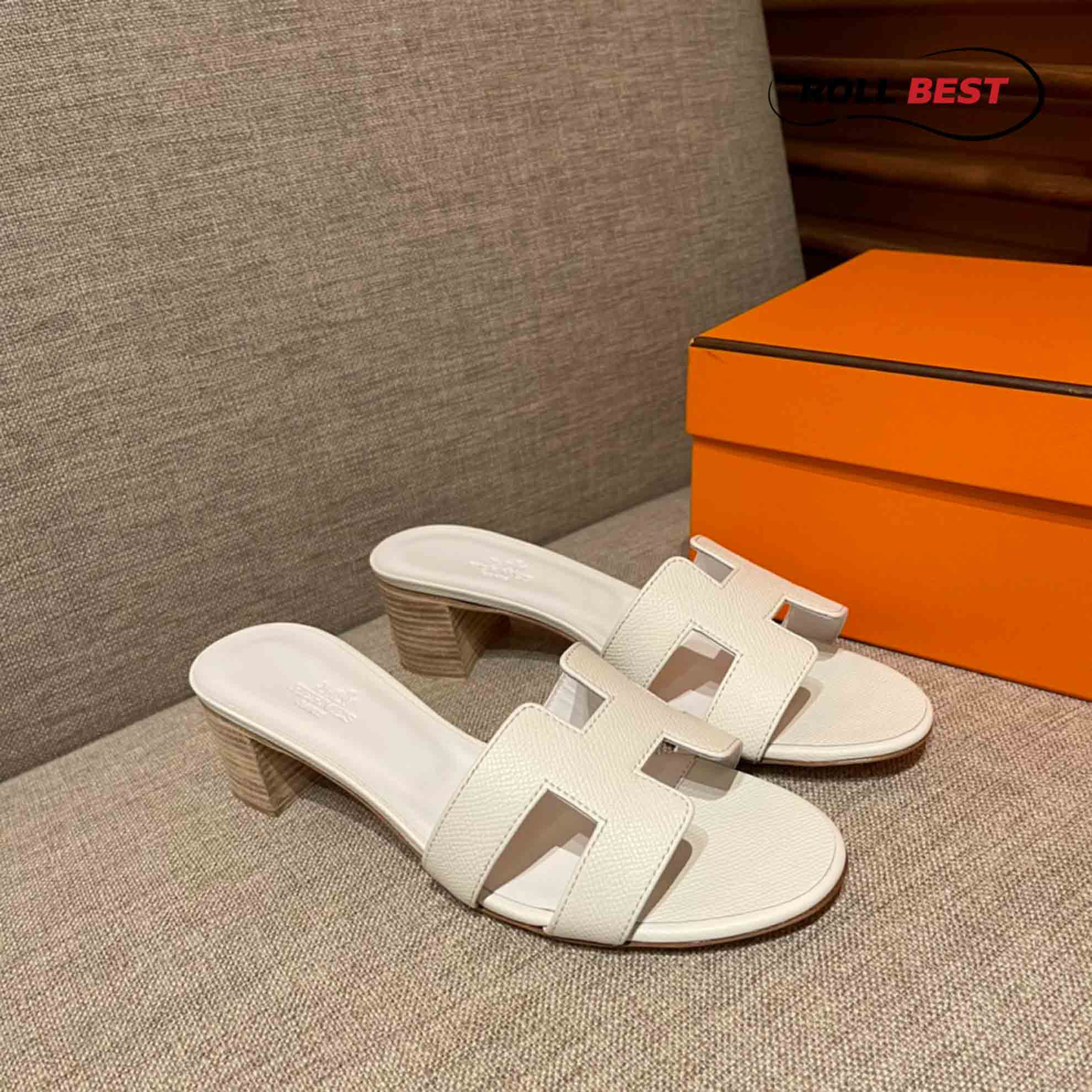 Dép Cao Gót Nữ Hermes Oasis Sandal Full Trắng Nhăn