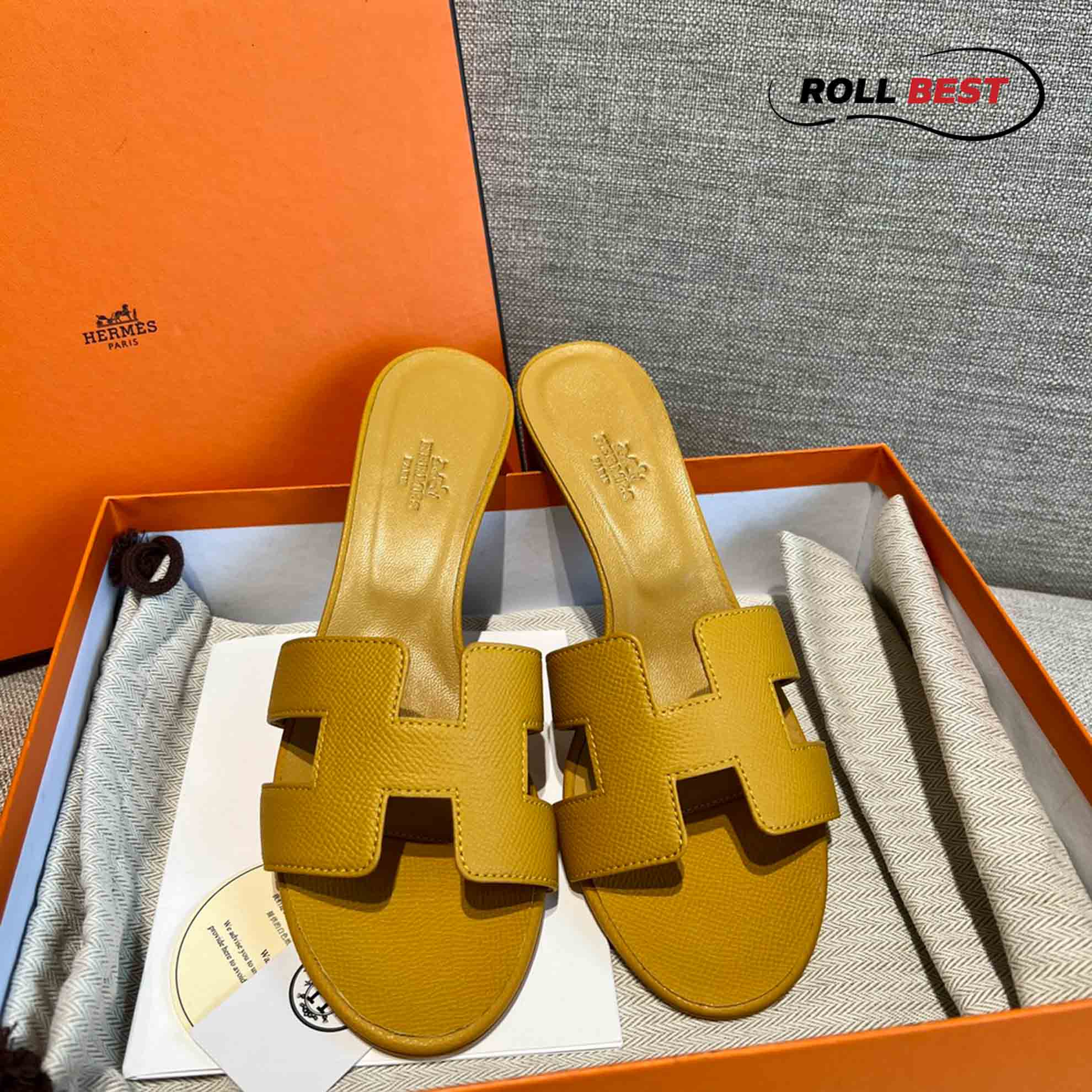 Dép Cao Gót Nữ Hermes Oasis Sandal Full Vàng Nhăn