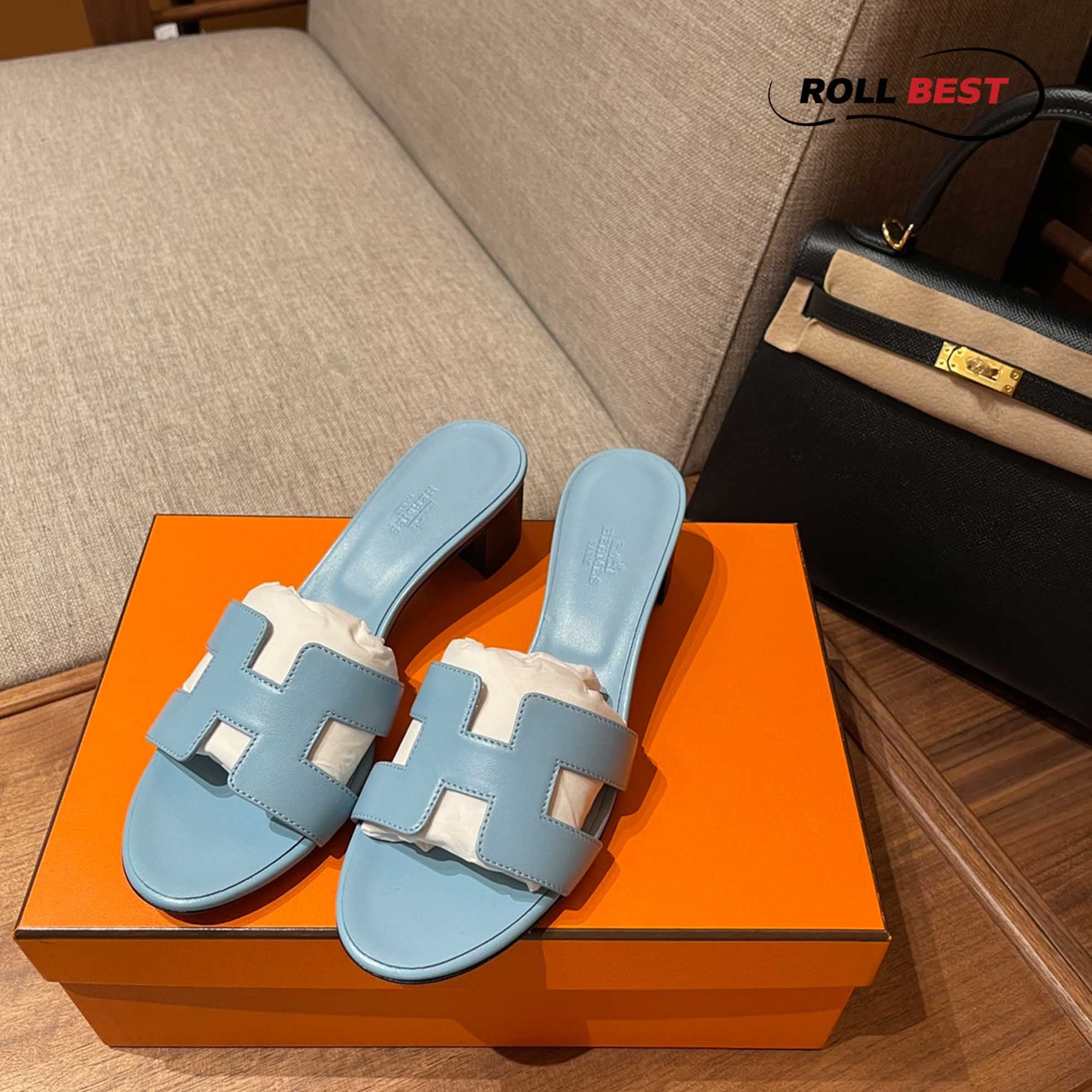 Dép Cao Gót Nữ Hermes Oasis Sandal Full Xanh Ngọc Trơn