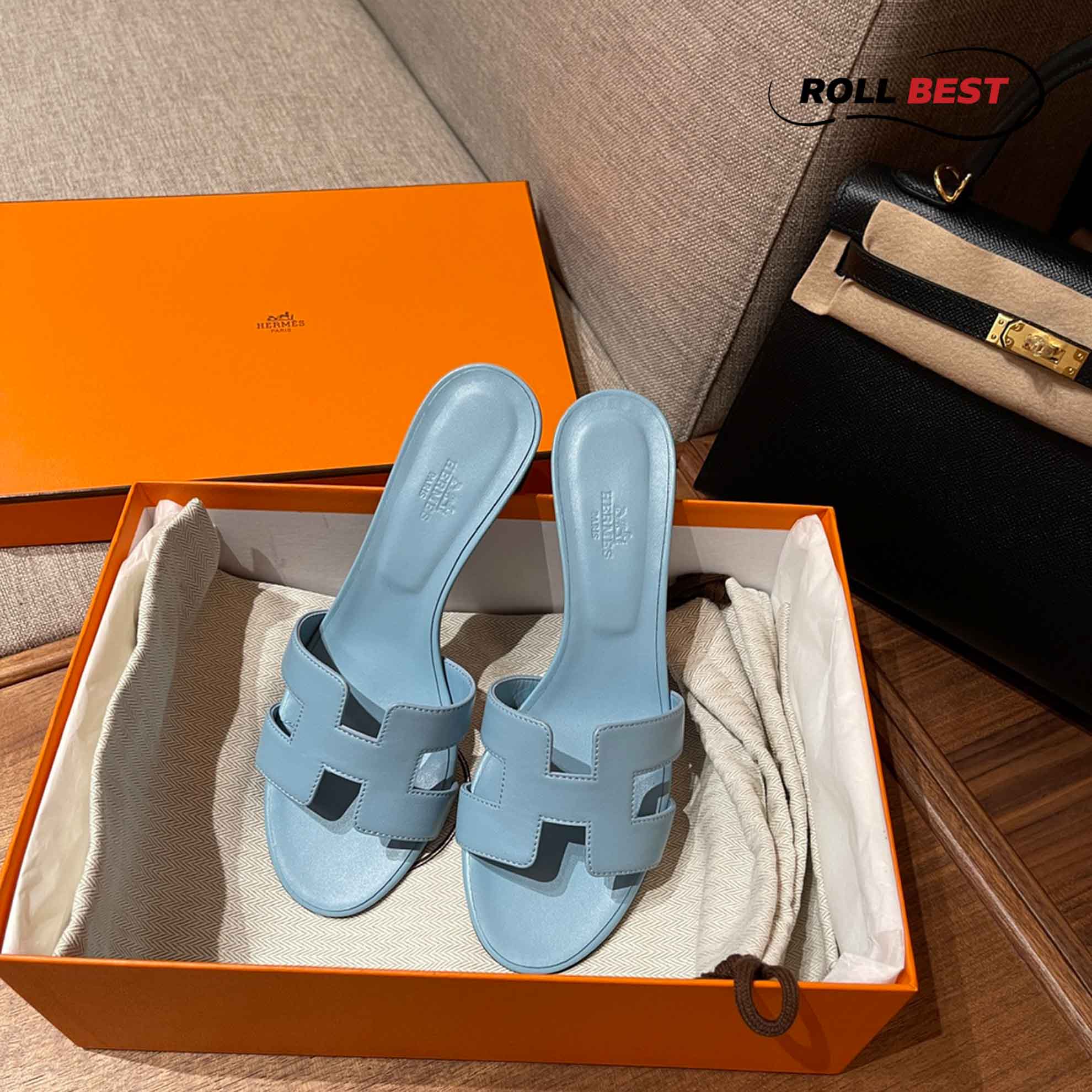 Dép Cao Gót Nữ Hermes Oasis Sandal Full Xanh Ngọc Trơn