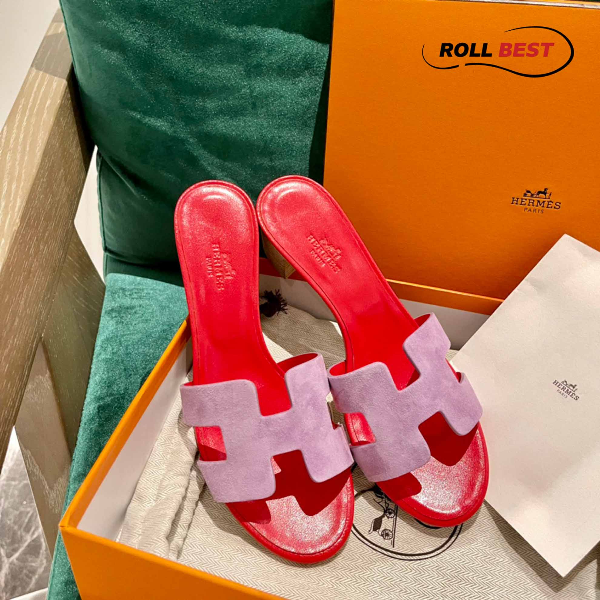 Dép Cao Gót Nữ Hermes Oasis Sandal Hồng Đỏ Da Lộn