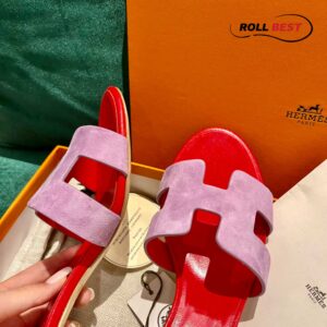 Dép Cao Gót Nữ Hermes Oasis Sandal Hồng Đỏ Da Lộn