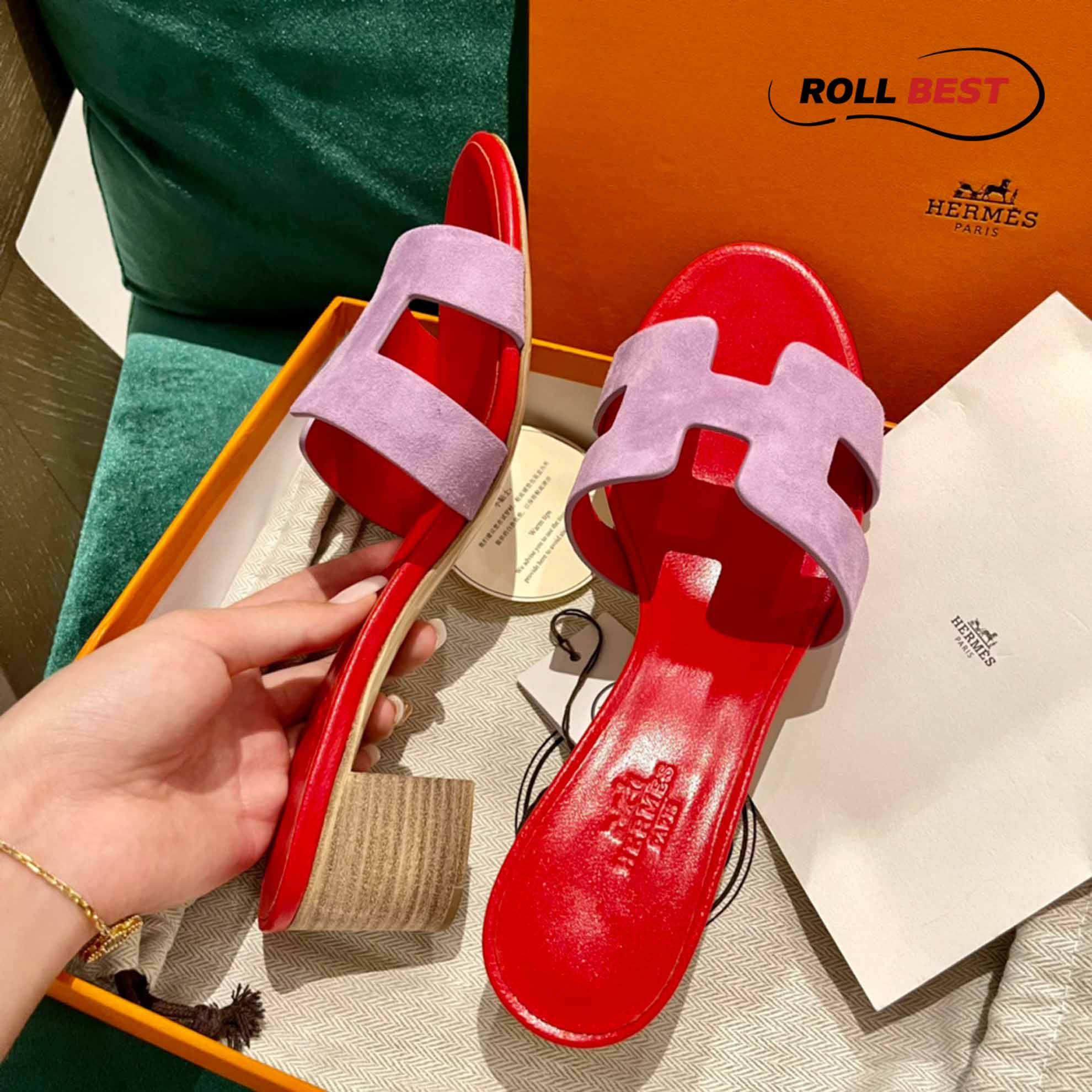 Dép Cao Gót Nữ Hermes Oasis Sandal Hồng Đỏ Da Lộn