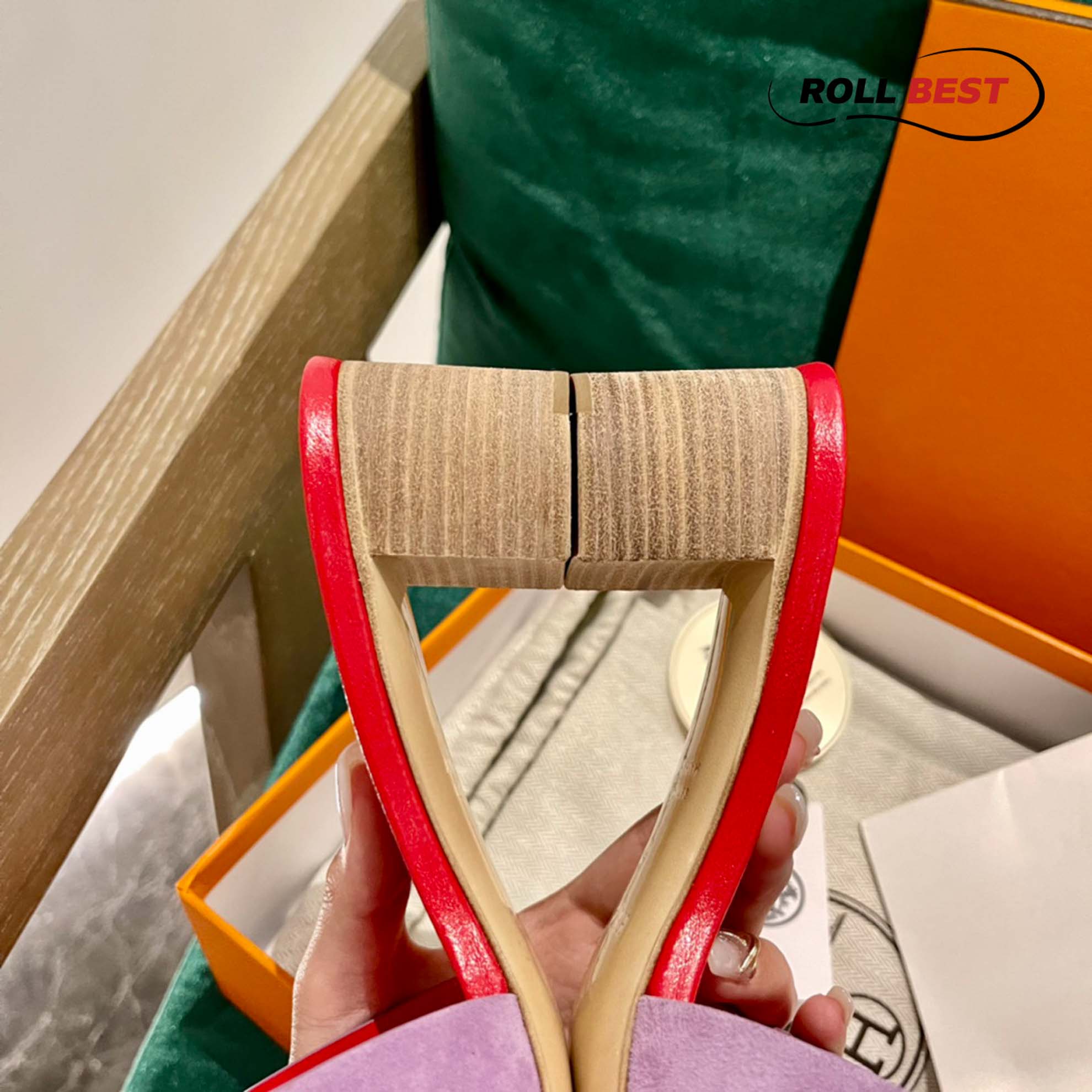 Dép Cao Gót Nữ Hermes Oasis Sandal Hồng Đỏ Da Lộn