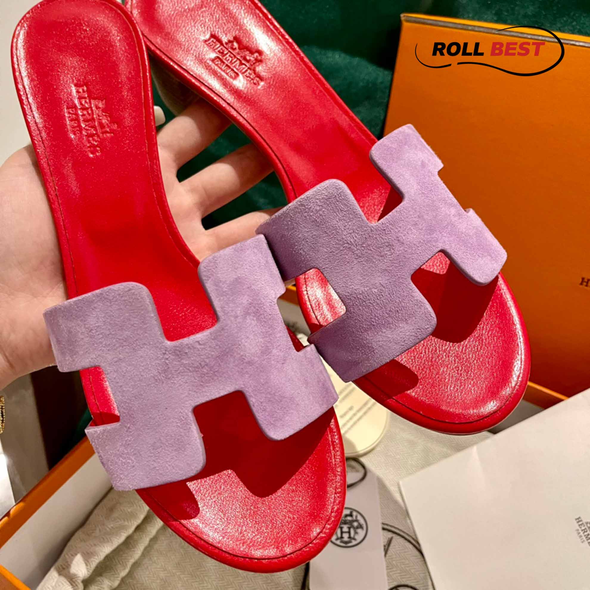 Dép Cao Gót Nữ Hermes Oasis Sandal Hồng Đỏ Da Lộn