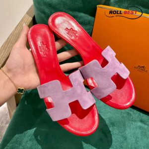 Dép Cao Gót Nữ Hermes Oasis Sandal Hồng Đỏ Da Lộn