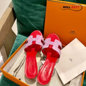 Dép Cao Gót Nữ Hermes Oasis Sandal Hồng Đỏ Da Lộn